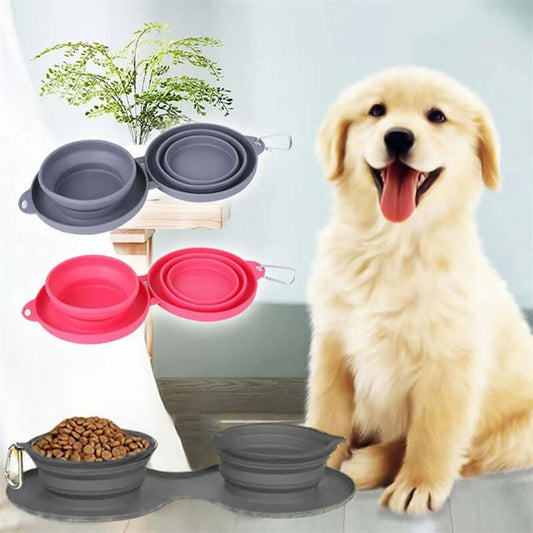 PAWELLE foldable double pet feeding bowl for food and water